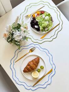 1/4/6/12pcs Wavy Embroidered Solid Color Round Placemats, Fresh Minimalist Style For Kitchen, Dining Table, Water Cups, Bowls, Non-Slip Pads, Suitable For Holidays, Parties, Birthdays, Weddings, Dinners, Office Desks, Coffee Tables, Home Decor, All Seasons - Multicolor - View 1