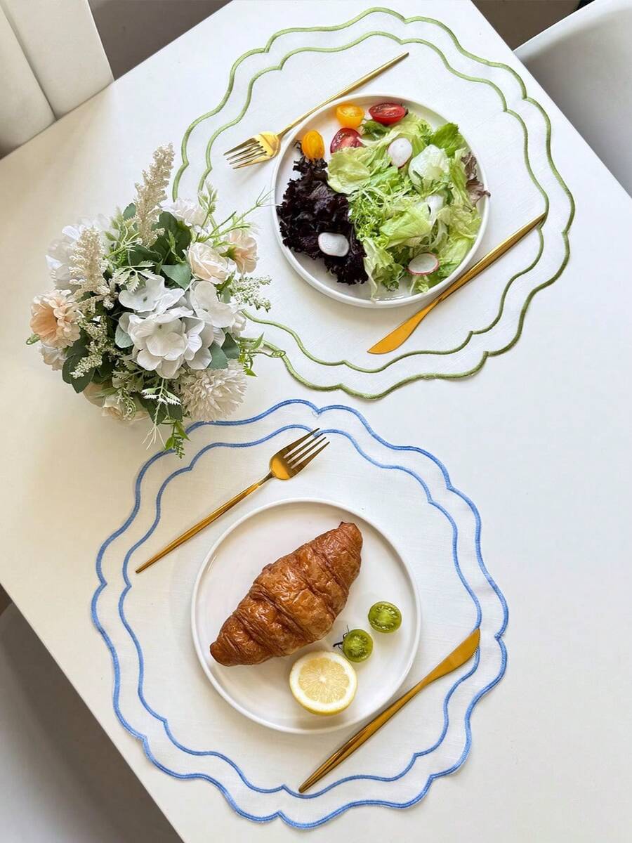 1/4/6/12pcs Wavy Embroidered Solid Color Round Placemats, Fresh Minimalist Style For Kitchen, Dining Table, Water Cups, Bowls, Non-Slip Pads, Suitable For Holidays, Parties, Birthdays, Weddings, Dinners, Office Desks, Coffee Tables, Home Decor, All Seasons - Multicolor - View 1