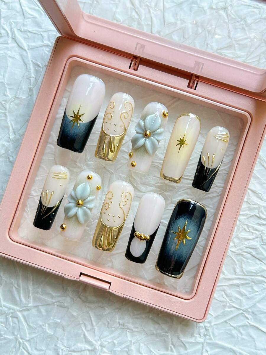 10 piezas Uñas postizas hechas a mano con forma cuadrada, uñas de moda multicolor, flores talladas en 3D, pintadas con líneas doradas y estrellas hexagonales, decoradas con cuentas doradas, conjunto de arte reutilizable y desmontable, adecuado para uso diario por mujeres y niñas, como regalo de moda para el trabajo, festivales, viajes, con pegamento de gelatina y lima de uñas