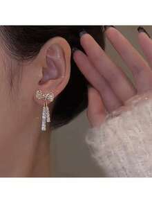 Earrings Sparkling Bow Design Pave Set Sparkling Synthetic Zirconia With Everyday Wear Party Accessories Sweet Gift For Her - 金色 - 查看 7
