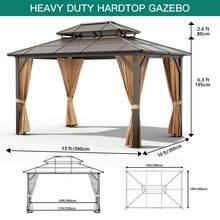 Studyset 10x13FT Double Roof Gazebo, Large Outdoor Gazebo With Aluminum Frame Dual-Track Curtains & Netting, UV-Resistant Water-Drainage Weatherproof Quick-Assembly Hardtop Gazebo For Backyard Patio Canopy - Khaki-10x13FT - View 9