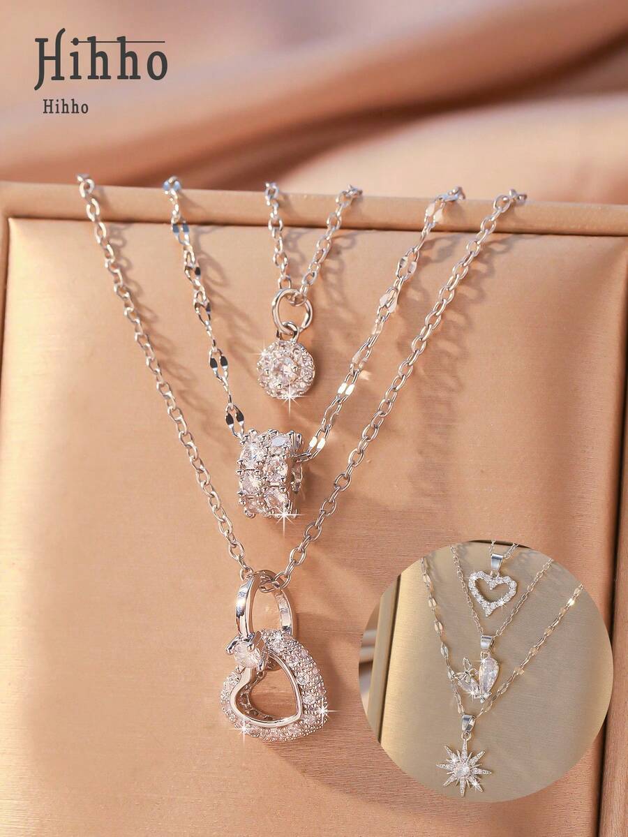Hihho 3 件时尚休闲锆石镶嵌心形腰部设计个性化创意女士项链套装，派对礼物 - 銀色 - 查看 1