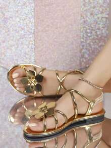 1双金色花朵设计沙滩凉鞋，休闲时尚性感金色花朵装饰弹力平底凉鞋 - 适合海滩、约会、聚会、户外活动，室内外必备 - 金色 - 查看 5