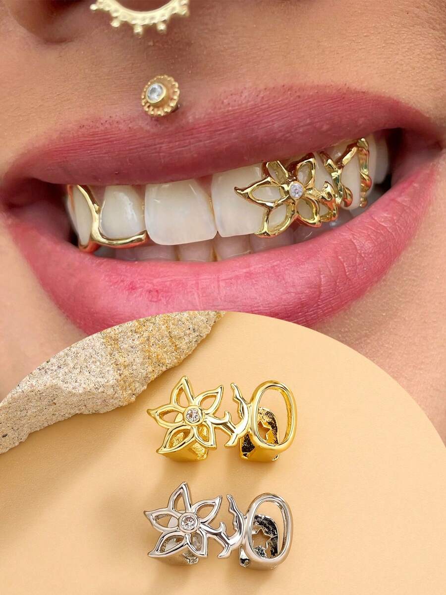 Must-Have 14K Gold Plated Teeth Grillz For Women | Hollow Gold Floral Cherry Tooth Caps & Silver Grillz | Cosplay Fashion Jewelry With Extra Molding Bar - Multicolor - View 1
