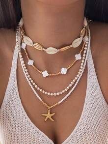 4件/12件波西米亚海洋风珍珠串珠海星吊坠项链套装，适合女性，适合海滩派对，可作礼物（珠子和贝壳尺寸可能有所不同） - 彩色 - 查看 12