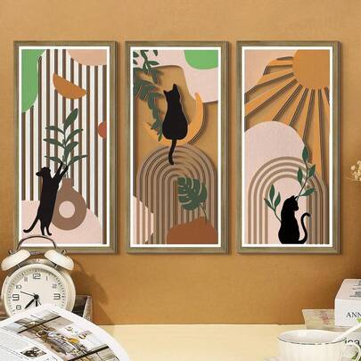 1 Set Of 2D Minimalist Nordic Style Cat Themed Wooden Decorative Paintings, Black Silhouette Cat Dynamic Shape, Brown Green Plant Geometric Line Background, Modern Living Room And Bedroom Minimalist Wall Art Decoration, Personalized Gifts, Room Decoration, Home Decoration (DIY Paste)