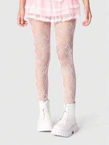 1Pc Stockings European & American Style Sexy Floral Lace Mesh Tight Pantyhose, Retro Opaque Pink Version, Thin & Elastic Breathable Material, Eye-Catching Legwear For Women's Dates/Parties - trắng - Xem 3
