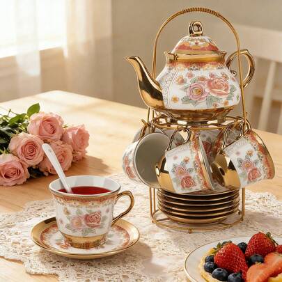 20-Piece White Porcelain Tea Set, Large 23 Oz Floral Teapot With Metal Stand For Elegant Adult Tea Service(Wedding, Bridal Shower)