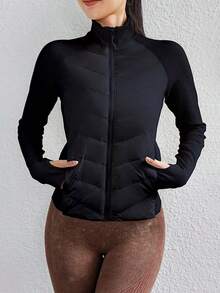 Forro corto ligero deportes Slim al aire libre cuello chaqueta caliente Novedades de invierno para mujer: chaqueta deportiva ligera, corta, con forro desmontable, corte ajustado, cuello alto y abrigo para exteriores. Chaqueta ultraligera, corta, con corte ajustado y tacto premium para mujer. Chaqueta deportiva de invierno ligera con triple protección. Chaqueta deportiva para correr al aire libre, cortavientos, abrigada, con forro desmontable, ligera, con corte ajustado y cuello alto acanalado. - Negro - Ver 1