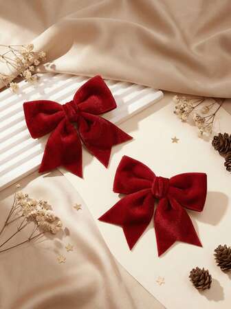 2 件装酒红色蝴蝶结发夹，可爱紫红色天鹅绒发饰，女士发饰，秋季蝴蝶结鳄鱼夹发卡，圣诞派对礼服发饰，手工制作生日礼物，冬季发带，情人节礼物，感恩节红色蝴蝶结，爪夹，发夹