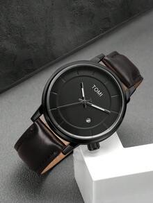 TOMI 1pc Teen Boys & Girls Minimalist Design Quartz Watch With Leather Strap, Calendar Display, Versatile Watch Suitable For Daily Life, Gift For Christmas And Year-End - Black - View 1