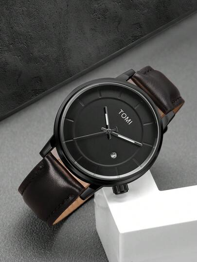  TOMI Minimalist Design Quartz Watch For Teens & Adults, Business Leather Strap, Calendar Display, Versatile For Daily Wear, Christmas & Year-End Gift