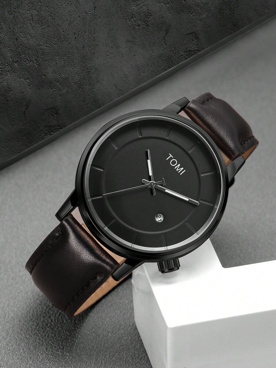 TOMI 1pc Teen Boys & Girls Minimalist Design Quartz Watch With Leather Strap, Calendar Display, Versatile Watch Suitable For Daily Life, Gift For Christmas And Year-End - Black - View 1
