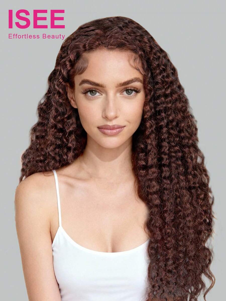 ISEE Hair Wear Go 半头假发，真人发，三合一半头假发，无缝水波纹，无需胶水，无需蕾丝，未经加工的处女发，红棕色，翻转式真人发假发，180% 密度，14-16 英寸波波头，18-28 英寸常规款，度假活力，旅行必备，假日装扮，伴娘礼物，运动度假 - S33 - 查看 1