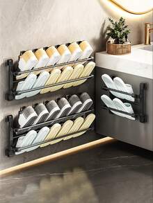 Wall-Mounted Shoe Rack, No Drilling Required, Double-Layer Bathroom/Toilet Shoe Storage Rack With Drainage Function, Space-Saving Folding Design - Black - View 10