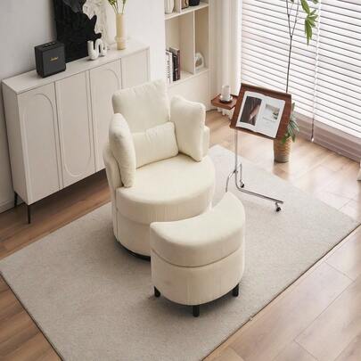 Ivory Chenille Upholstered Swivel Armchair With 3 Back Cushions, Ottoman And Crescent Stool