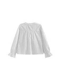 Korean Style Gentle & Youthful Fashion Ruffle V-Neck Bow Long Sleeve Unique Blouse Top - White - View 4