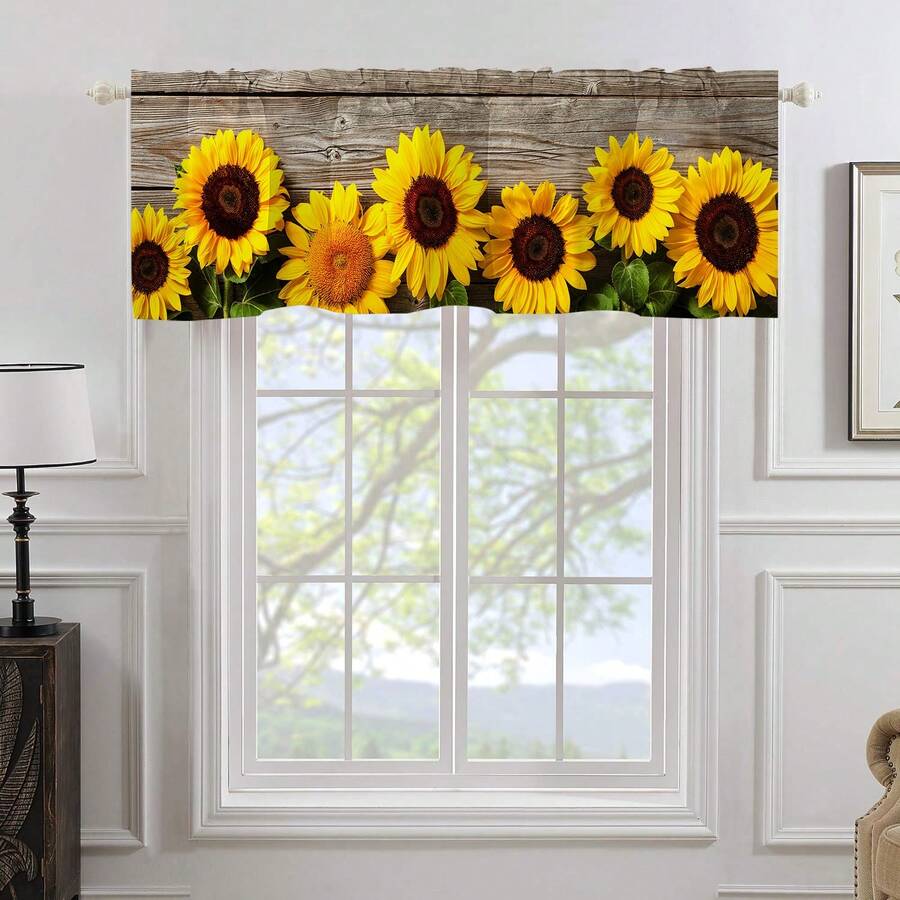 1pc Spring Wooden Board Sunflower Valance, Digital Printed Small Flower Short Curtain, Pure Cotton Fabric, 52*18inch