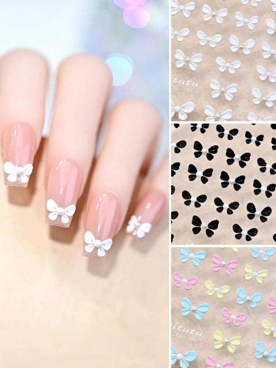 3D Bow Pearl Embossed Nail Art Stickers, Black & White Bow Nail Decals With Adhesive