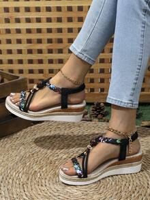 1 par de sandalias bohemias con cuentas para mujer, sandalias de cuña para vacaciones en la playa para mujer - Negro - Ver 5