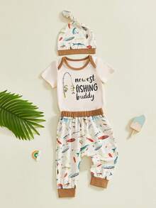 Conjuntos de ropa para bebé niño, mono de manga corta con estampado de peces a la moda, pantalones y gorro, 3 piezas - Beis - Ver 2