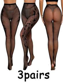 1-3 Pairs High Elasticity European And American Cross-Border Fishnet Stockings, Fashionable Girl Sexy Tattoo Jacquard Lace Hollow Out Mesh Pantyhose - Multicolor - View 22