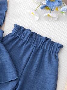 BASUSARRI 2pcs/Set Girls Ruffled Vest Top With 3D Jacquard Mesh Pants, Elegant Chinese Style Outfit For Summer - Blue - View 8