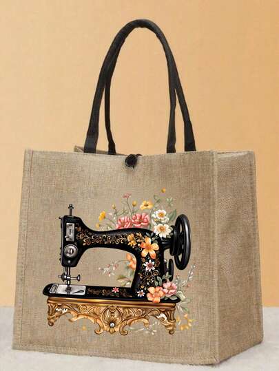 Sewing Machine Pattern Linen Tote Bag Set,Women's Multifunctional Tote Bag,Aesthetic Handbag And Matching Makeup Bag/Coin,Wallet,Portable Lightweight Foldable Storage Bag,Small Wallet,Multifunctional Shopping Bag Large Capacity,With Buckle, For Women,Work,Dating,College,Shopping,Beach,Travel,Daily Essentials,Daily Storage,Christmas Gift,All Seasons