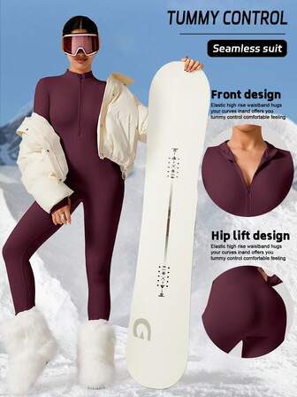 Tuta da sci a maniche lunghe con zip frontale senza cuciture per donna, attillata, abbigliamento sportivo per allenamento fitness, shapewear elastico
