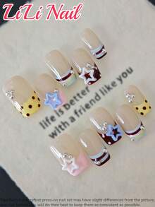 10片手工亚克力美甲贴纸，中号，方形，透明，酒红色，Y2K复古风，法式，波点，条纹，可爱，秋季，银珠，星星，可重复使用的美甲套装，含美甲工具，适合日常、派对和办公场合，理想的礼物，美甲用品，手工按压式美甲贴片 - 彩色 - 查看 3