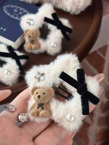 4pcs/Set Soft Cute Star Knitted Felt Hair Clips Set, Including Velvet Bow, Rhinestone Star, And Round Pearl - Suitable For Girls And Women, Can Match Sweet, Fresh, And Fashionable Styles, Suitable For Daily Wear And Party - Multicolor - View 2