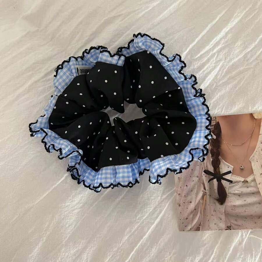 Artistic Polka Dot & Plaid Lace Scrunchie Hair Tie ,Hair Ties ,Scrunchy Hair Ties - Blue - View 1