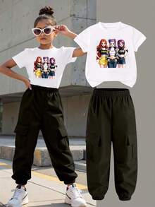 Girls Cartoon Print Warm Crew Neck Sweatshirt And Cargo Pants Set - Black - View 1