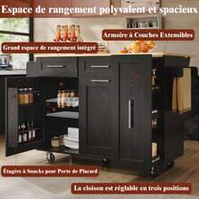 Moderne Kücheninsel, Küchenschrank, Buffetschrank, Speisewagen Mit Holzmaserung, Multifunktionale Esstisch Mit Speicherraum, Speisewagen Mit Snackregalen Und Stretchfunktionsschränken, Schwarz - Black - View 2