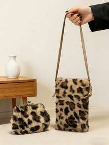 Women's Plush Faux Fur Leopard Print Crossbody Bag And Plush Leopard Print Coin Purse Set,Fashion Coin Purse,Leopard Print Fashion Minimalist Shoulder Bag, Magnetic Snap Closure Phone Pouch With Polyester Lining & Edge Paint Detail, Lightweight Compact Mobile Phone Bag - Multicolor - View 3