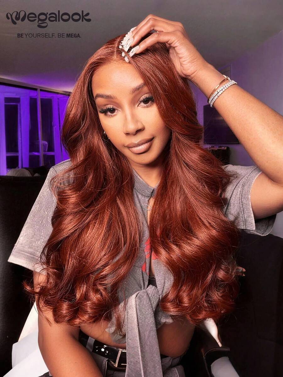 MEGALOOK 13x4 红棕色水波纹蕾丝前假发，100%真人发丝，预先拔毛并带有婴儿绒毛，#33棕色假发，透气帽 - 外观自然，适合日常佩戴，可打造办公室、万圣节派对、Y2K、叛逆假期、户外角色扮演、学校、圣诞派对、婚礼、节日等各种造型，适合女性佩戴。 - S33 - 查看 1