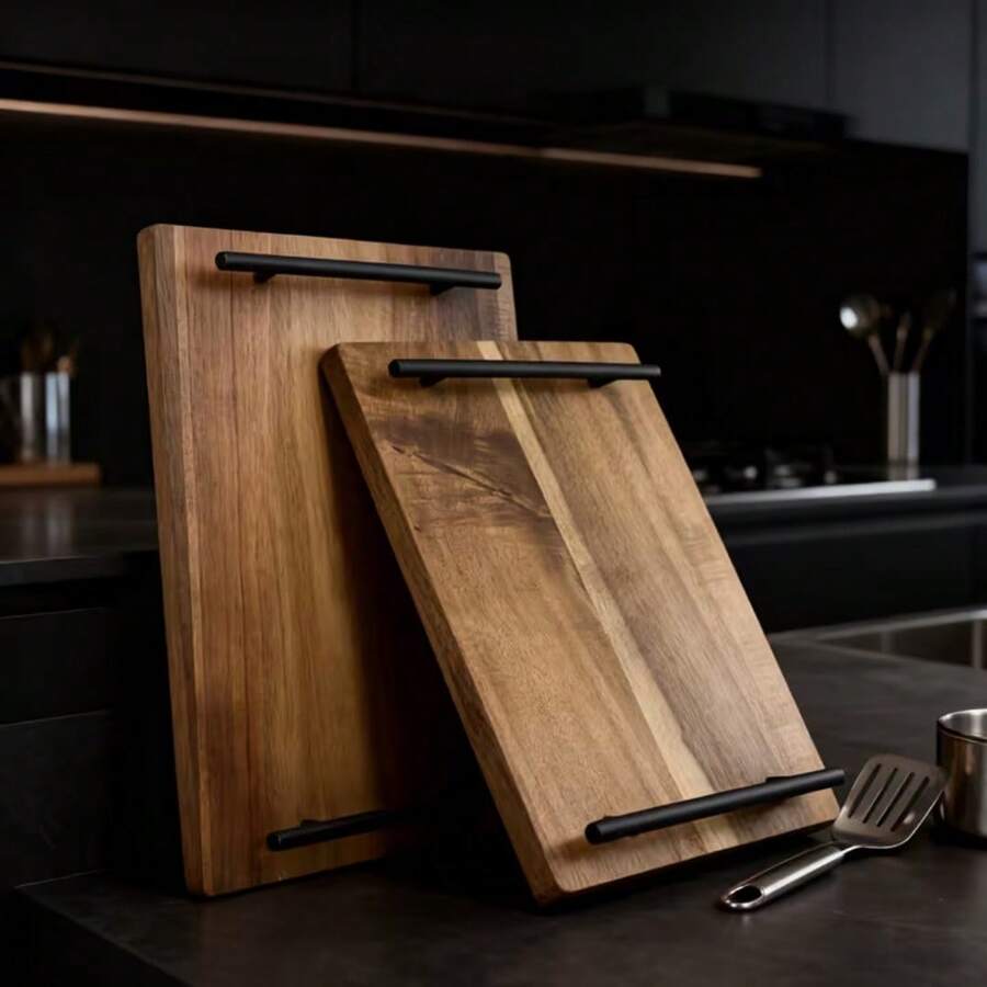 1pc Vintage Wooden Flat Tray With Black Handle, Woodgrain And Brushed Metal Finish, Minimalist Design. Suitable For Breakfast, Coffee, Snacks, Parties, Dining, Entertainment And Decoration, Vintage Centerpiece Decor, Serving Tray, Coffee Table Tray And Storage Tray, Ideal Gift For Holidays, Kitchen Accessory, Kitchen Supplies, Decorative Tray (Solid Wood) - Ginger - View 1