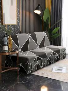 Geometriskt mönster bäddsoffaöverdrag med kjolkant - Kreativ design, modern stil, halkfri, tvättbar - Ett modernt måste för vardagsrummet - Mörkgrå - Visa 6