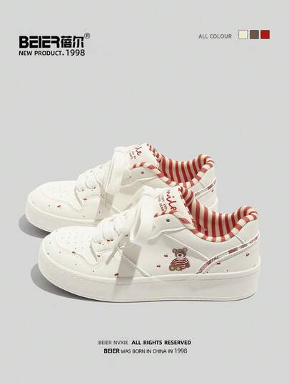  BEIER 新款时尚百搭真皮休闲鞋，女士圆头平底系带运动鞋