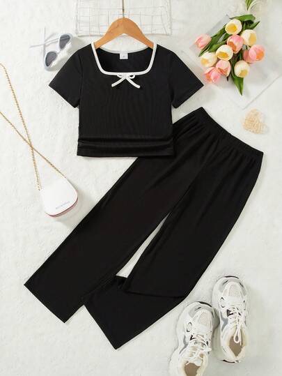 2pcs/Set Girls Casual Outgoing Fashion Colorblock Bow Decor Square Neck Short Sleeve T-Shirt And Solid Color Pants, Summer