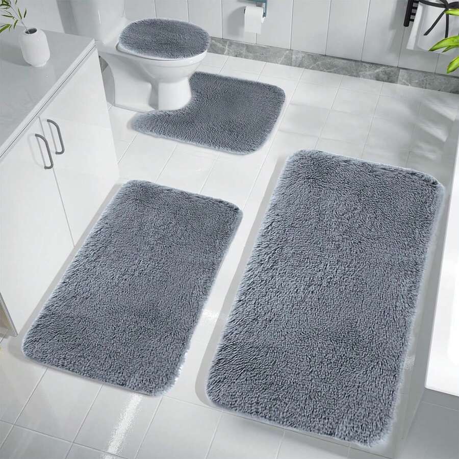 4-Piece Bathroom Rug Set - Non-Slip Microfiber Bath Mat With Water Absorbent Toilet Cover, Bath Mat Set Of 4 - Microfiber Toilet Rugs Soft & Thick For Bathroom & Kitchen - Grey - View 1
