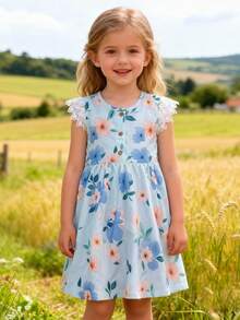 1pc Girls Cute Sweet Minimalist Floral Print Lace Cap Sleeve Round Neck Playful Lively Princess Dress, Casual Everyday Wear - Multicolor - View 3