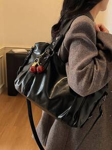 1件复古大容量手提包，复古PU单肩斜挎包，女士休闲托特包兼钱包 - 黑色 - 查看 5