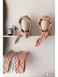 Set 1 pălărie și eșarfă roz cu imprimeu floral drăguț, căciulă mică și caldă pentru femei, iarna - Multicolor - Vizualizare 1