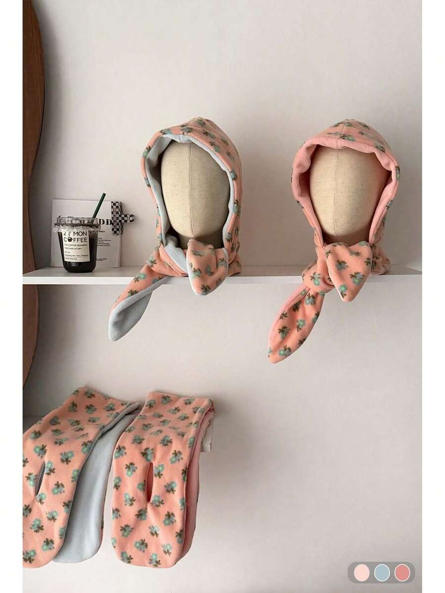 Set 1 pălărie și eșarfă roz cu imprimeu floral drăguț, căciulă mică și caldă pentru femei, iarna - Multicolor - Vizualizare 1