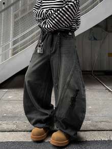 1件男士日系破洞拼接阔腿牛仔裤，复古做旧休闲宽松牛仔裤（不含腰带和配饰） - 淺灰色 - 查看 2