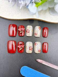 10片手工美甲贴纸，红色短梯形，香氛风格，法式美甲，按压式美甲贴，适合新年、情人节、UV灯美甲、夏季、日常佩戴，优雅设计，高端法式风格，凝胶指甲油，闪粉，猫眼效果，金属光泽，全覆盖假指甲贴纸，美甲用品 - 紅色 - 查看 6