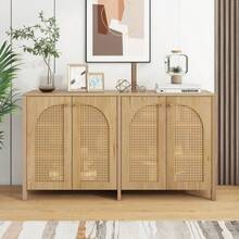 Aparador moderno de estilo minimalista, 4 puertas de ratán, tirador de metal, mueble buffet sencillo para comedor, salón, cocina (blanco) - Color natural - Ver 12