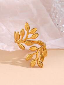1pc Stainless Steel Minimalist 18K Gold Plated Leaf Open Ring, Suitable For Women's Daily Wear - Multicolor - View 4