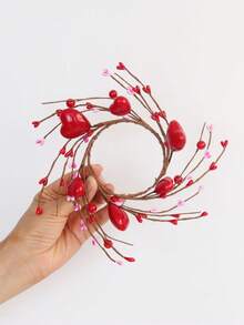 MEHELANY 1pc Valentine's Day Candle Wreath, Red Heart-Shaped Berry Candle Holder Wreath, Red Berry Candle Wreath Mini Floral Wreath, Large, Suitable For Valentine's Day, Wedding, Window, Dining Table Center Decor, Room Decor, Window, Fireplace Mantel, Door - Multicolor - View 10